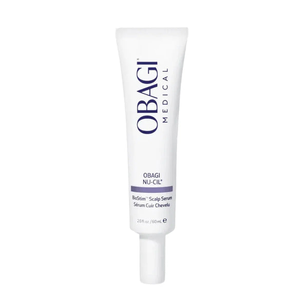 A white squeeze tube of Obagi Medical BioStim Nu-Cil Scalp Serum, featuring dark blue branding and text, set against a plain white background.